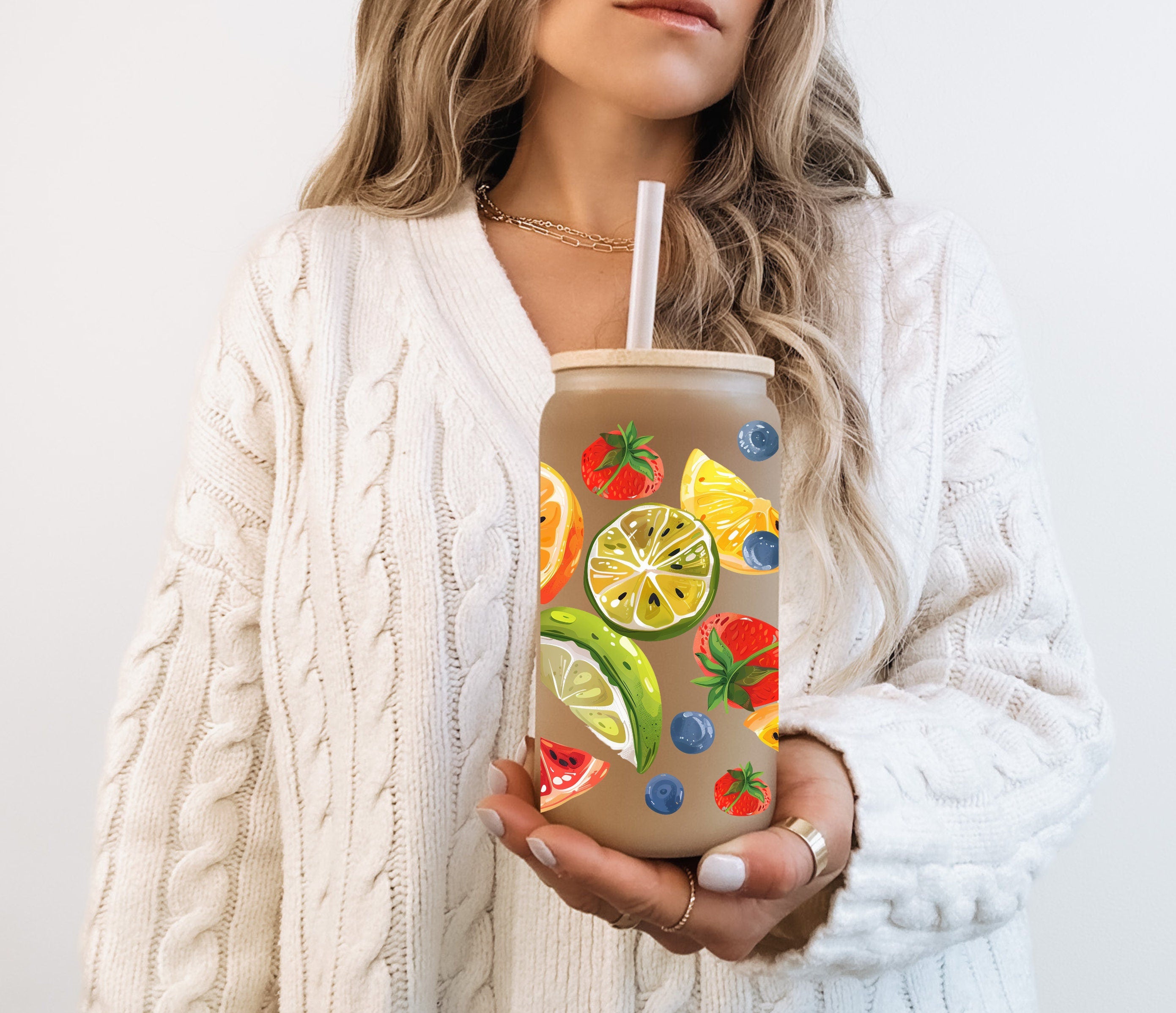 Summer Fruit Slices Frosted Libbey Cup 16oz | Perfect Tropical Gift  | Beach Lover Gifts | Celebrate Summer Vibes with Colorful Fruit Design