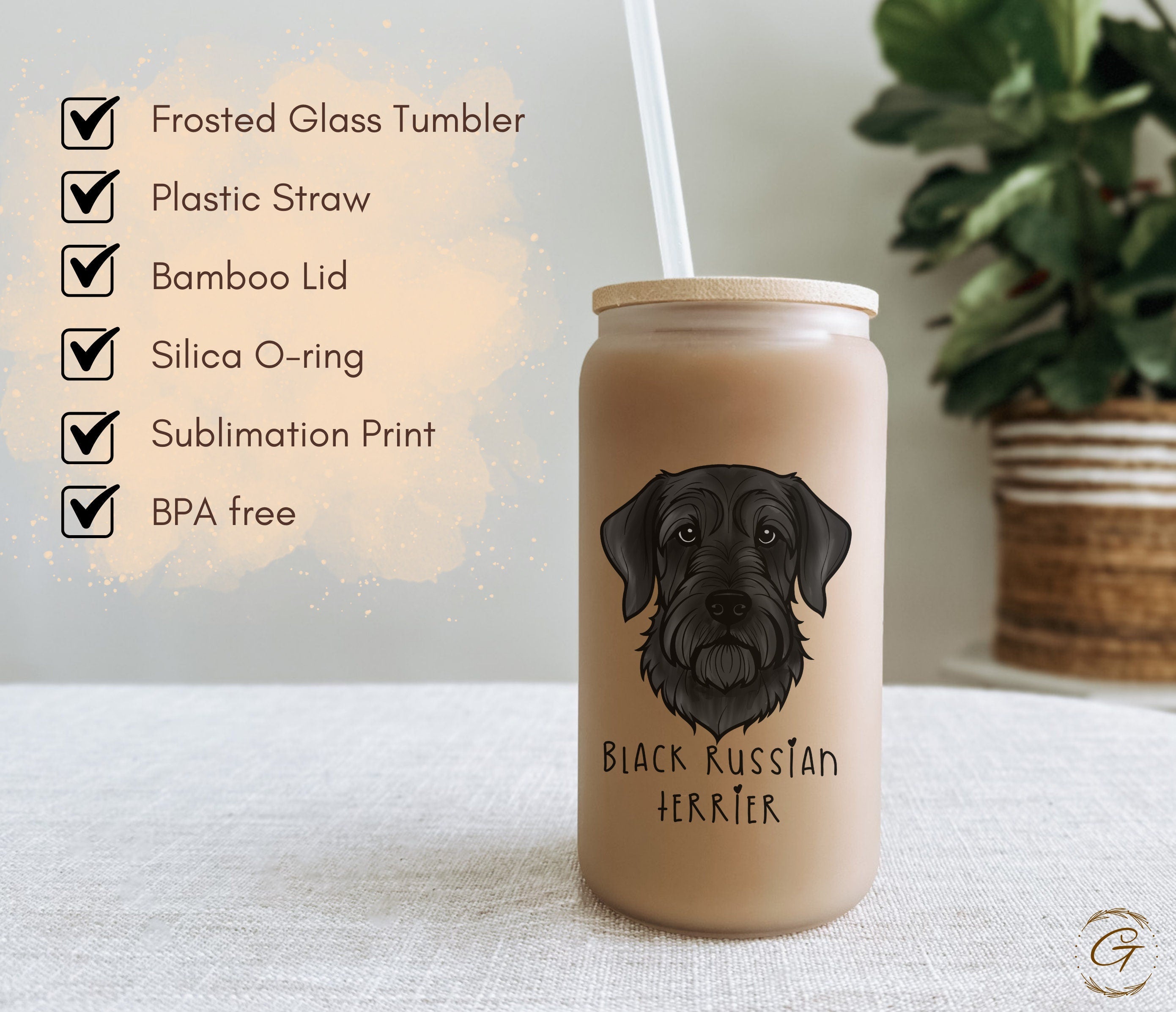 Black Russian Terrier Design Frosted Glass Cup Personalized Dog Breed Coffee Cup
