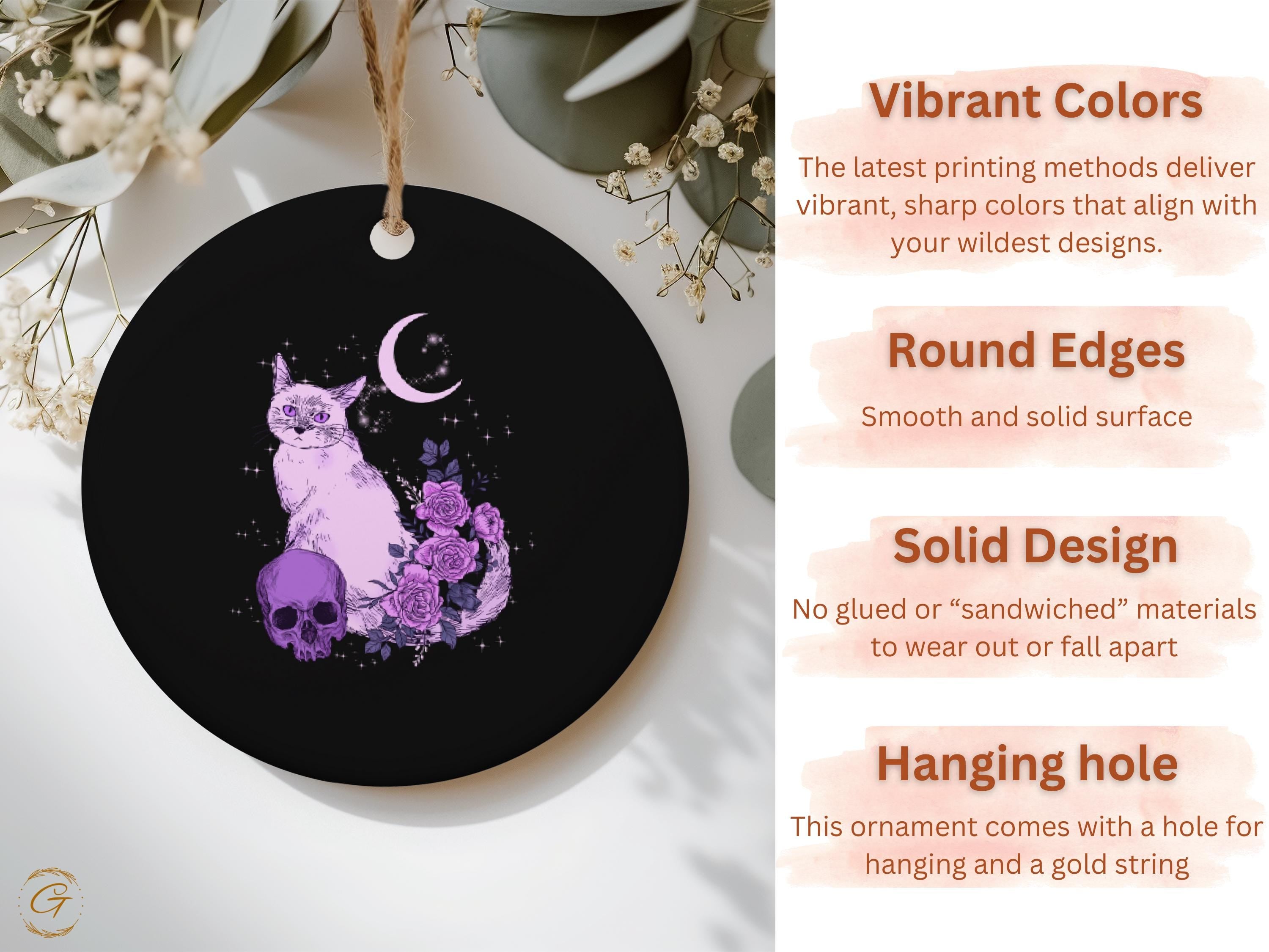 Gothic Black Cat Art Ornament, Moon and Roses Decor, Purple Cat Print, Mystical Home Decoration, Halloween Witchy Ornament Gift, Spooky Gift