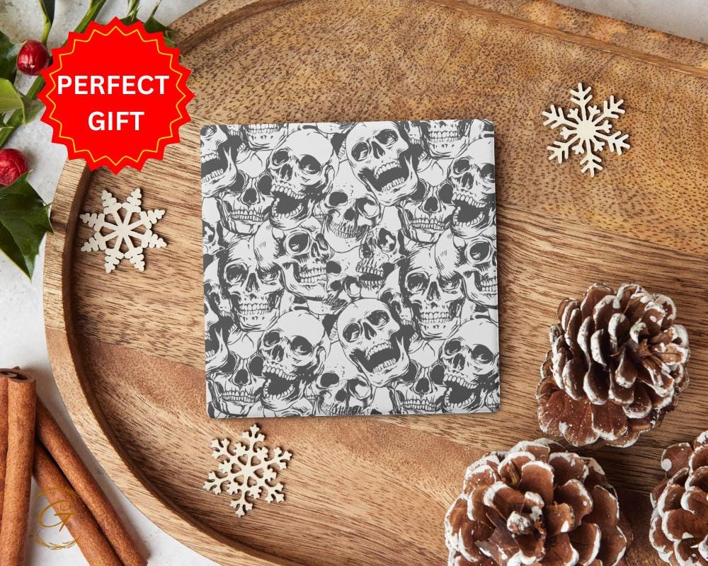 Skull Pattern Square Soapstone Coasters with Cork Backing
