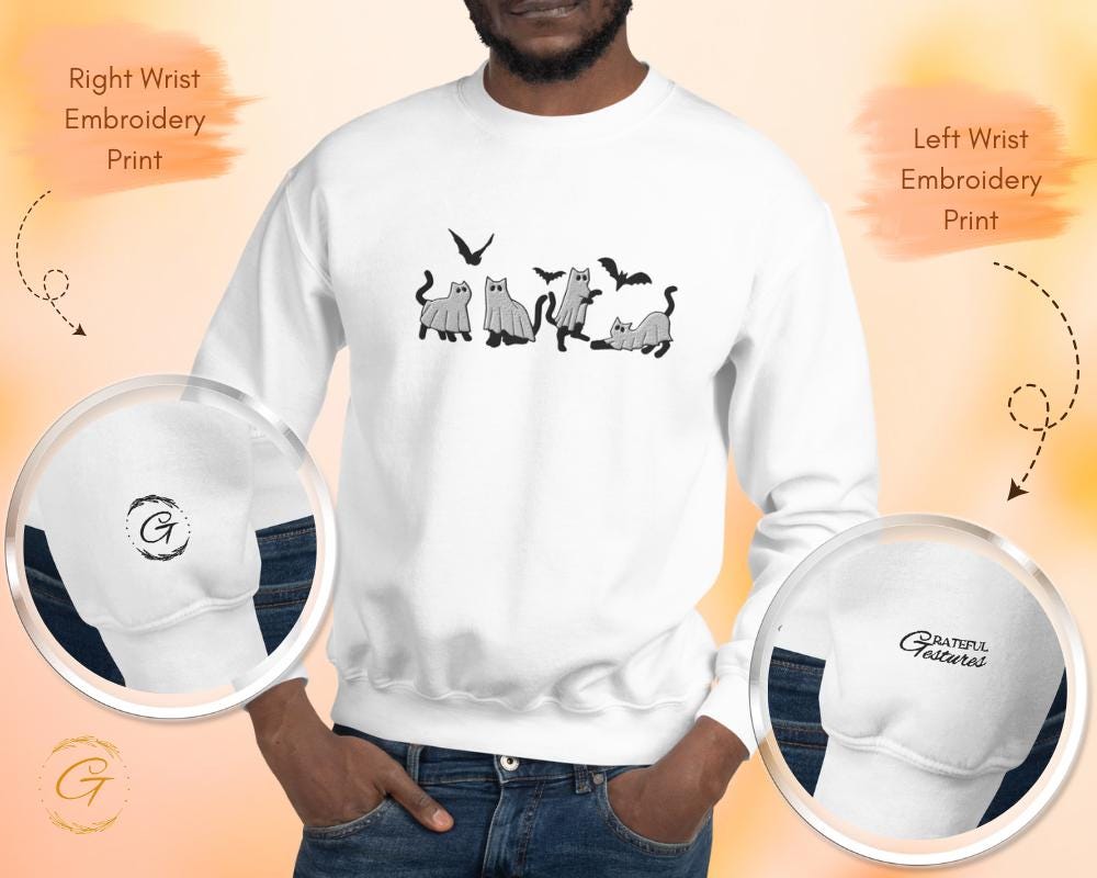 Halloween Sweatshirt, Embroidery Ghost Cats Sweatshirt Spooky Casual Sweatshirt, Long-Sleeve Crewneck Cozy Cute Ghost Cat Design Warm-Up Top