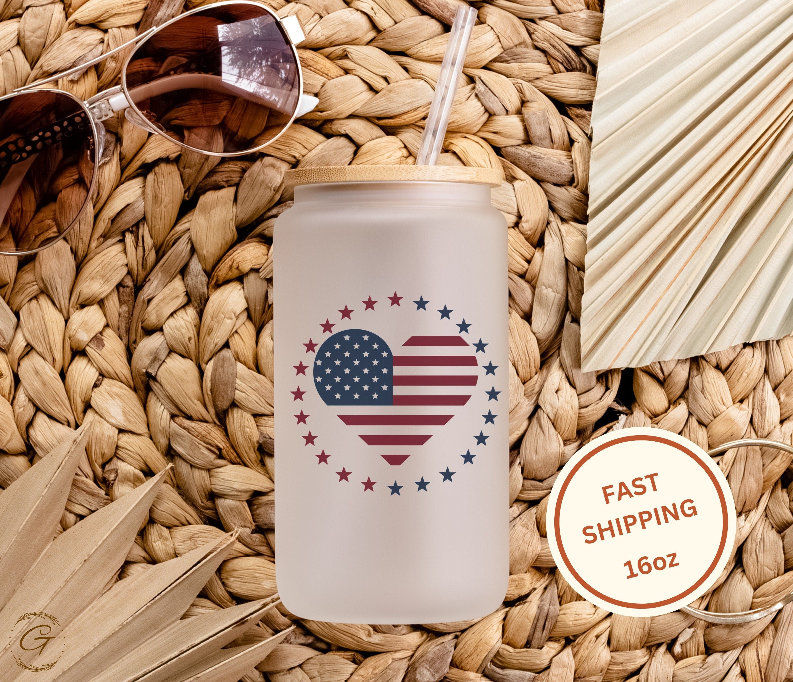 16oz Frosted Libbey Glass Cup with Patriotic Heart