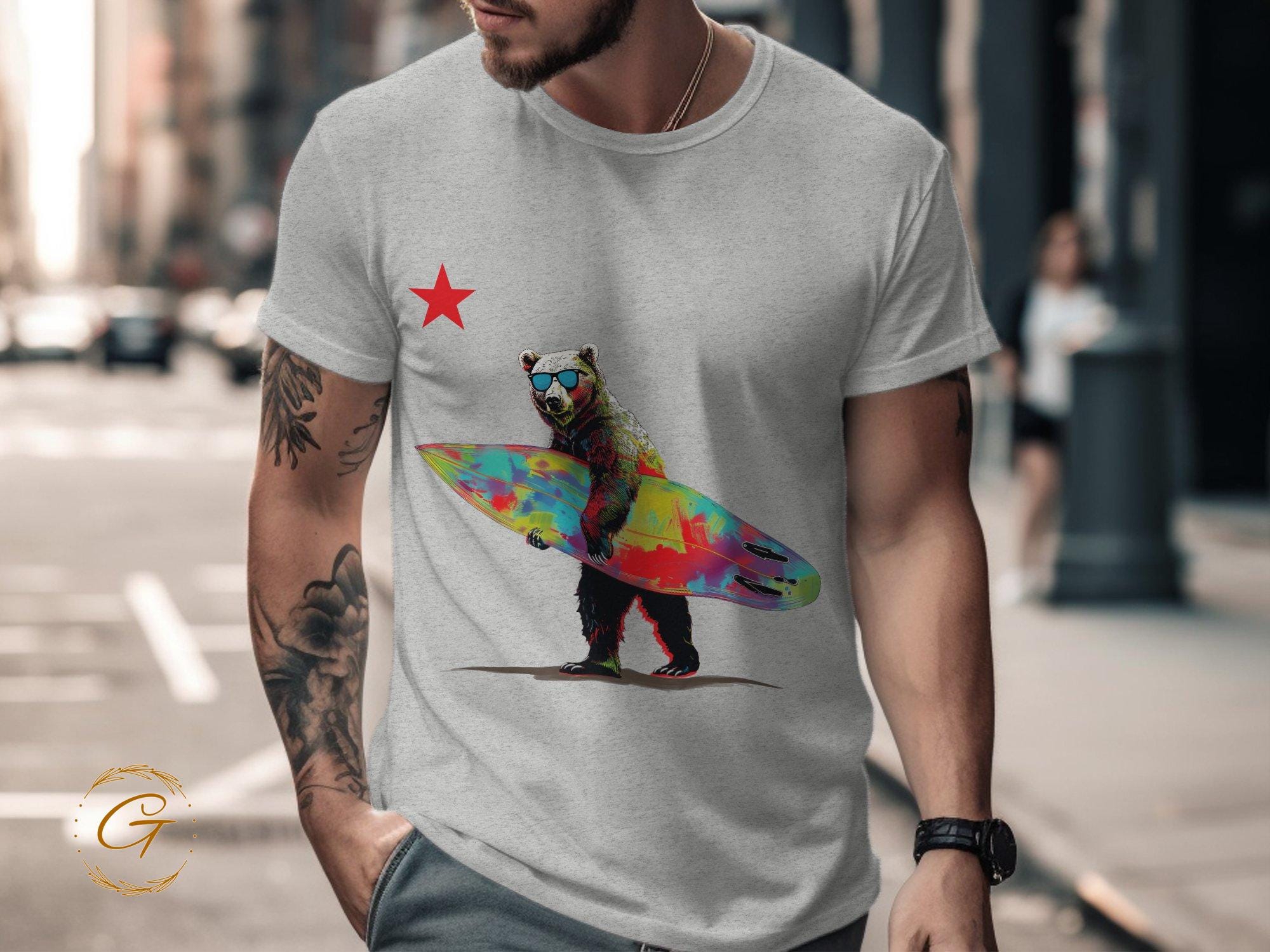 Cool Bear Surfboard Star Design Tee Beach Vibes T-ee