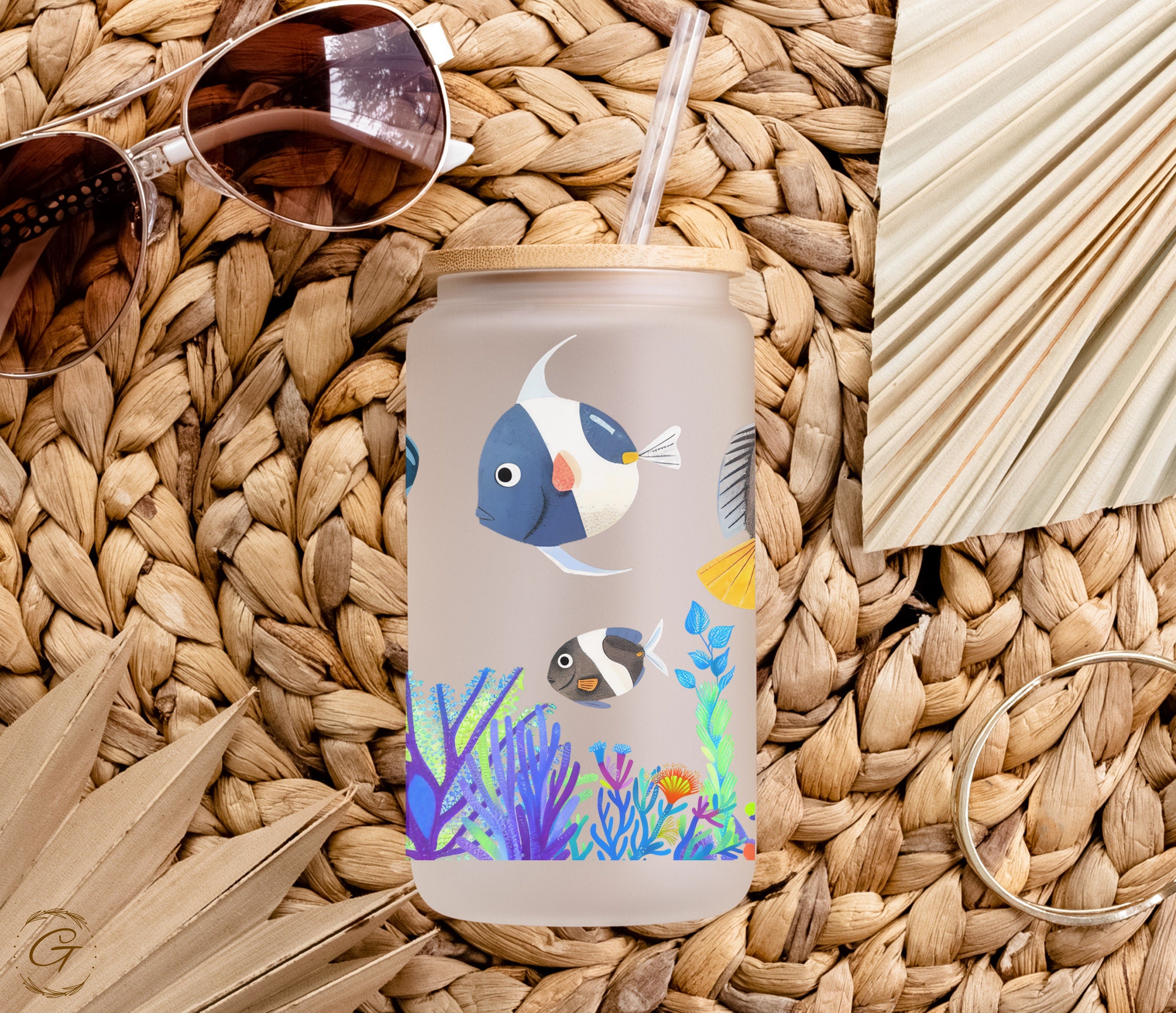 Fish and Corals Design Frosted Glass Cup