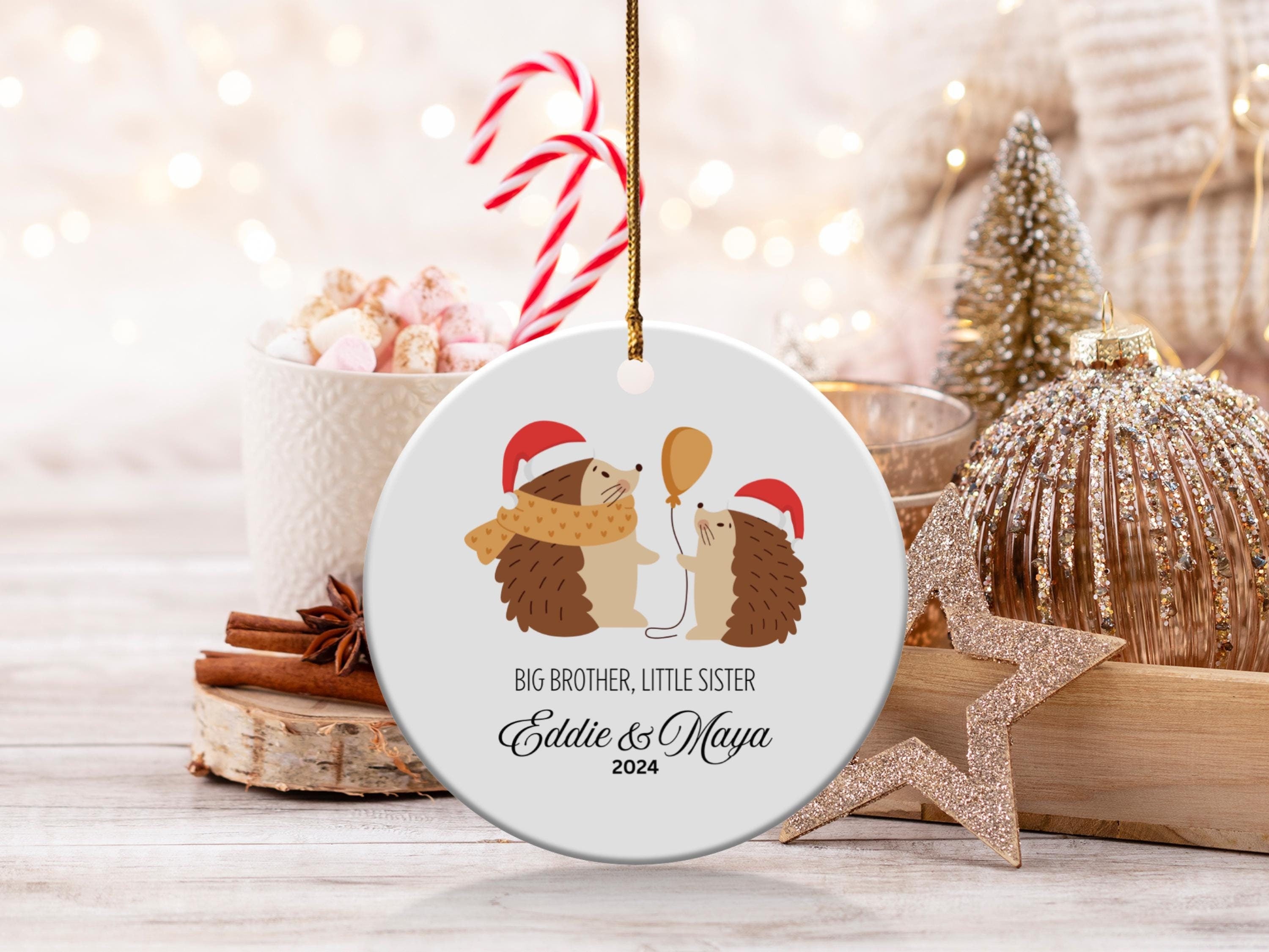 Personalized Siblings Hedgehog Christmas Ornament, Big Brother Little Sister Keepsake, Holiday Gift for Sibling, Custom Cute Family Ornament