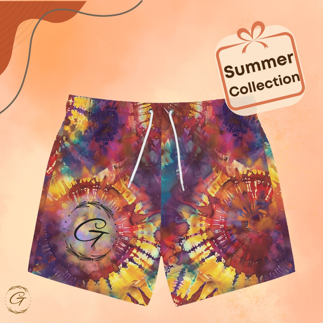Colorful Tie Dye Swim Trunks, AOP Design,  Perfect for Summer, Unique Vibrant Tie Dye Beachwear,  Fun Summer Swimwear, Gift for Beach Lovers