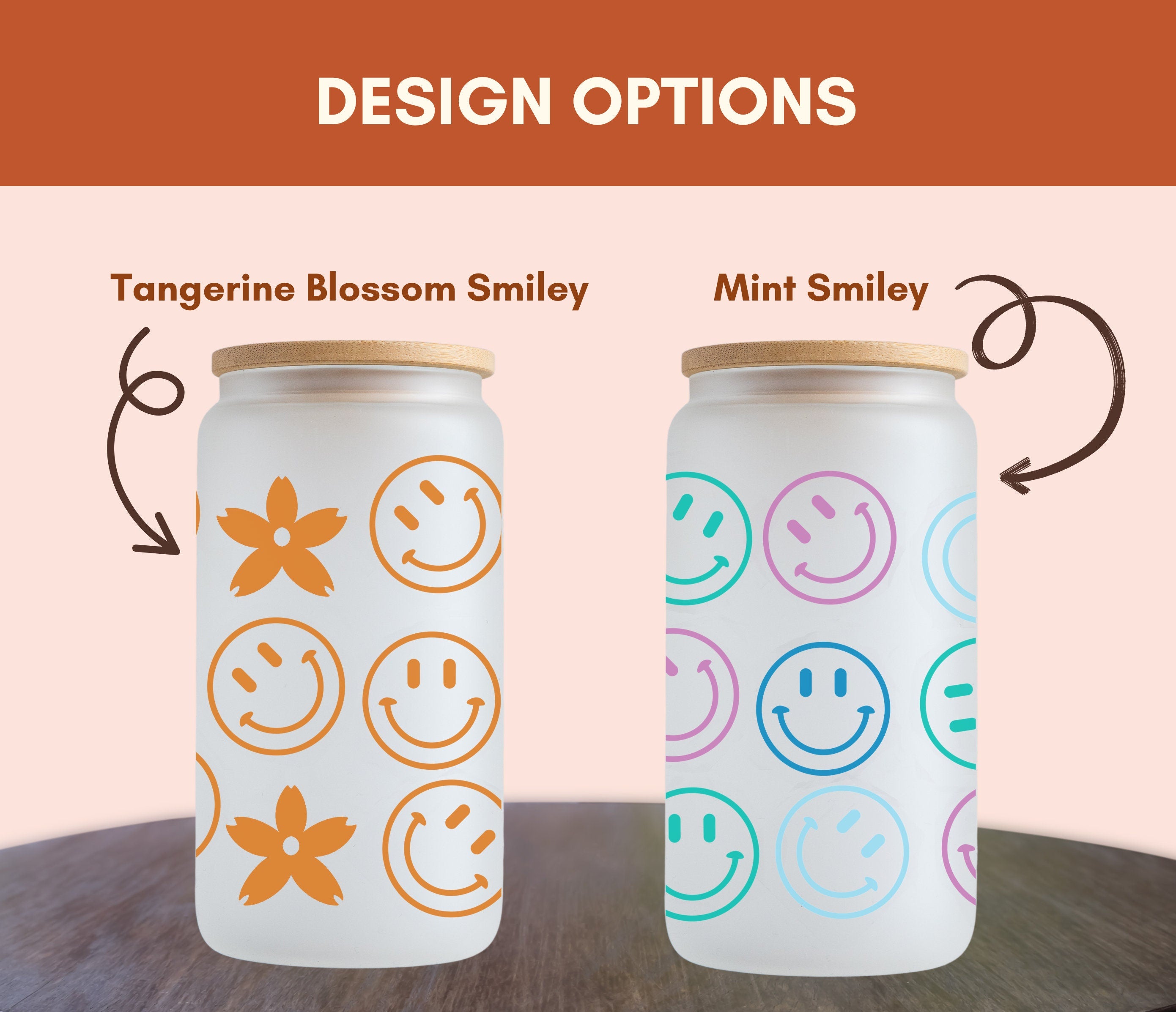Trendy 16-oz Frosted Libbey Glass Cup with All-Over Smiley Floral Icons – Perfect for Drinks, Gifts For Her,  Customizable Options Available