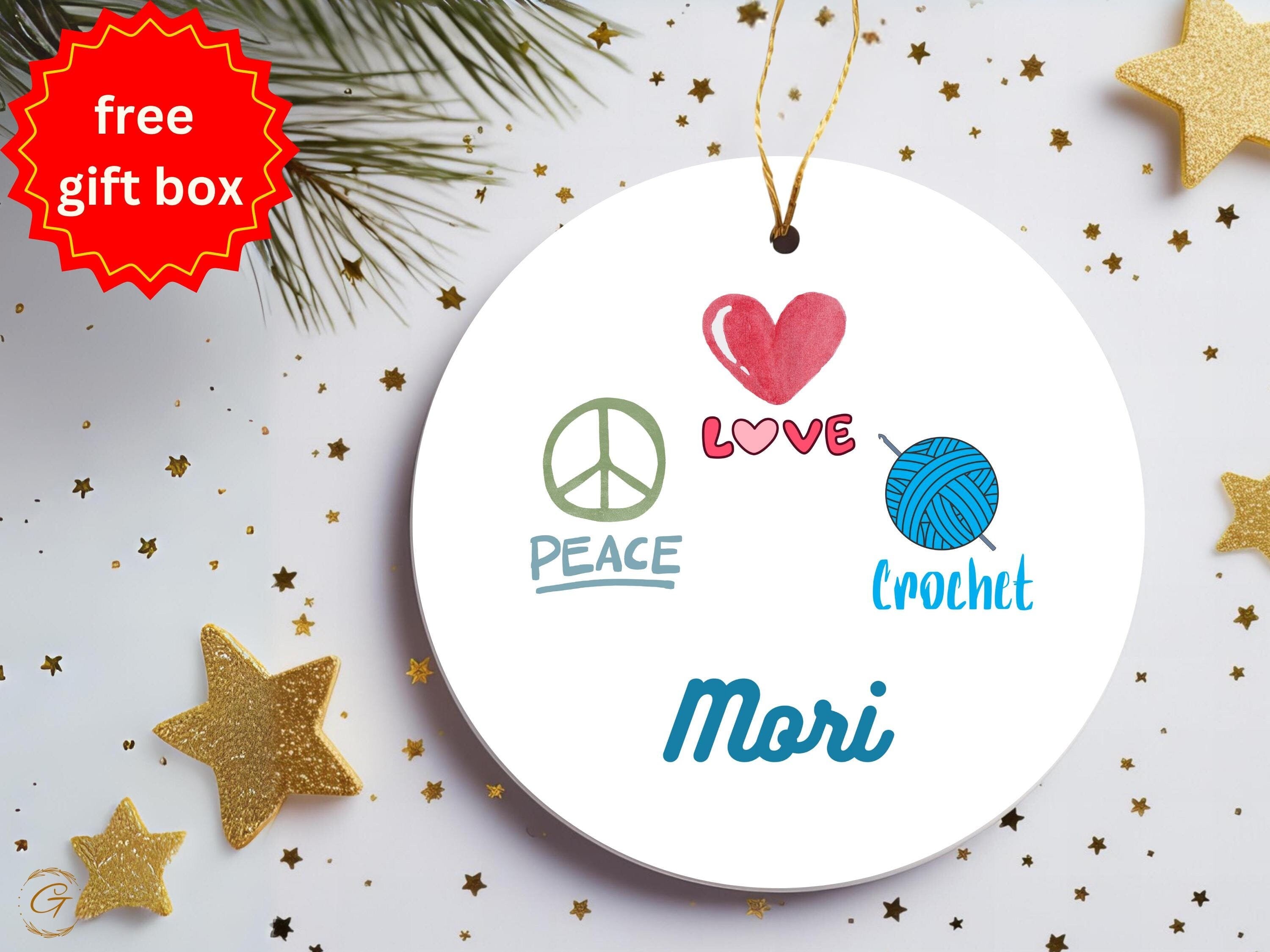 Personalized Peace Love Crochet Hobby Ornament, Cute Heart Crochet Ornament, Peace Symbol Ornament, Personalized Handcrafted Gift