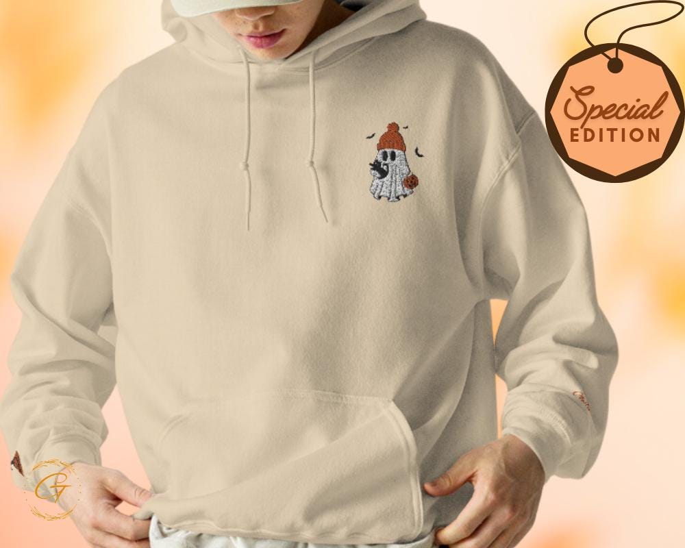Halloween Hoodie Ghost and Cat Hooded Sweatshirt,  Spooky Ghost with Hat and Pumpkin Hoodie, Everyday Wear Fun Spooky Ghost Season Gift Idea