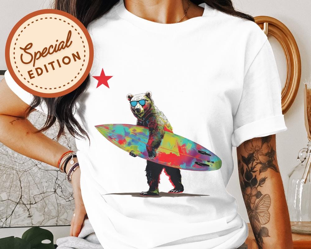 Cool Bear Surfboard Star Design Tee Beach Vibes T-ee