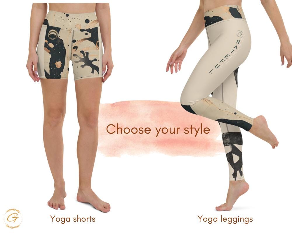Abstract Beige Splatter AOP Yoga Leggings and Shorts | Unique AOP High-Waisted Activewear | Comfortable Gym Yoga Legging & Shorts for Women