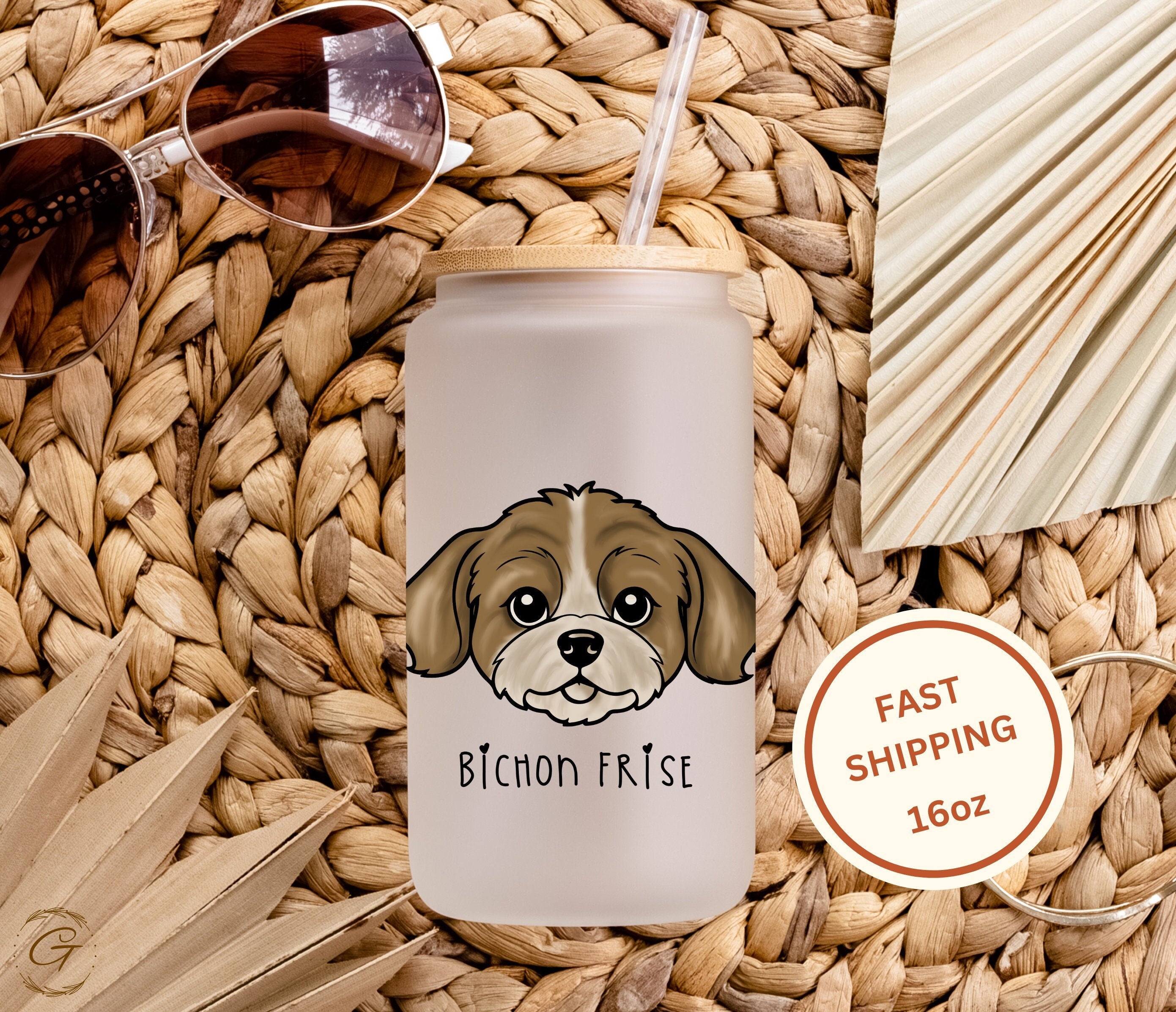 Bichon Frise Dog Design Frosted Glass Cup