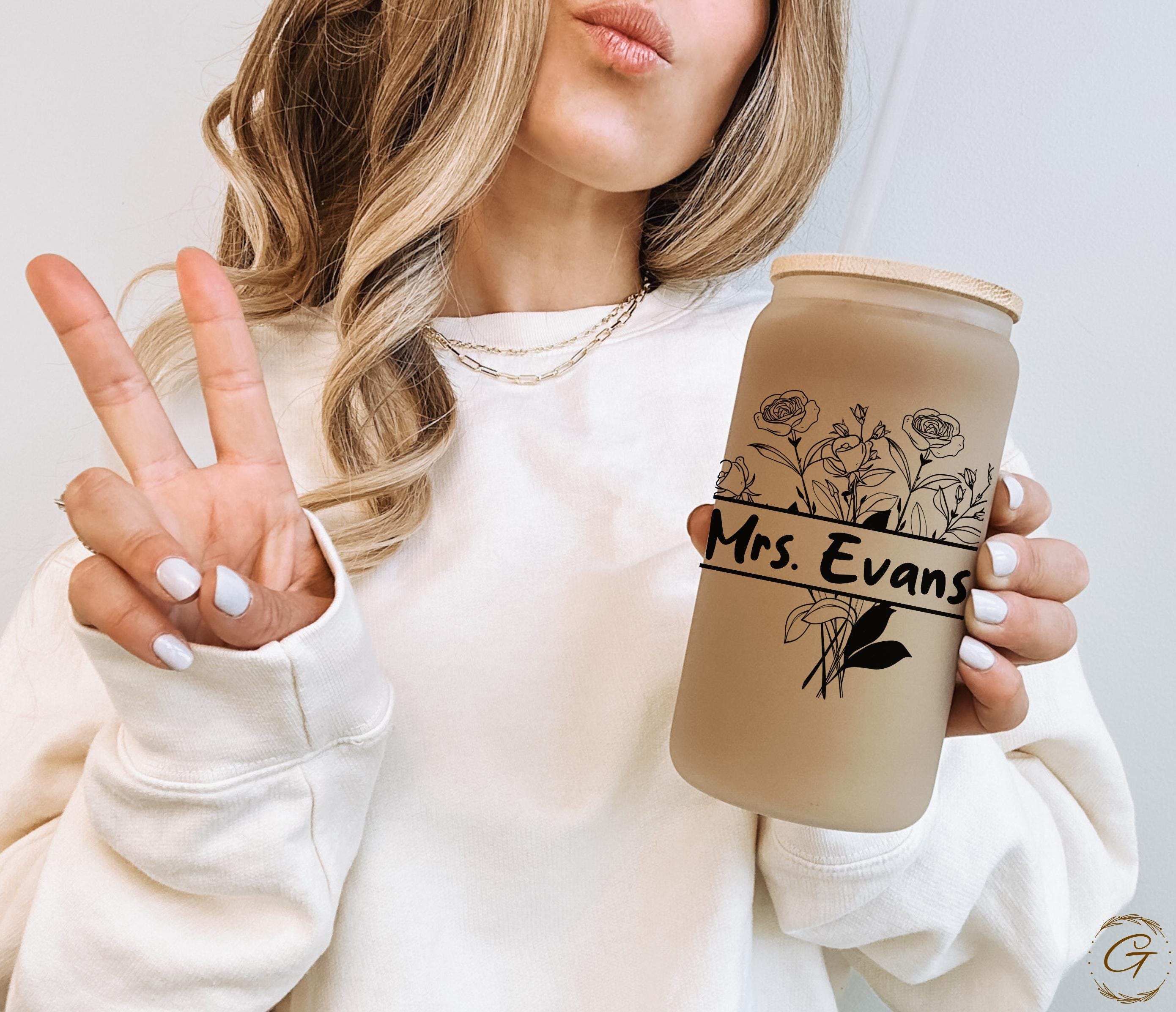 Floral Design with Personalized Name Frosted Glass Cup