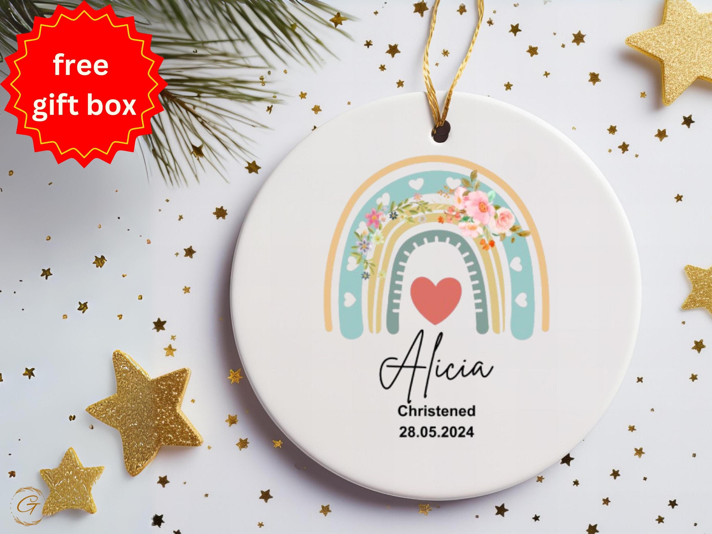 Personalized Baby Christening Ornament, Rainbow Heart Gift, Custom Name Keepsakes, Newborn Baptism Decor, Nursery Wall Arts, Christian World