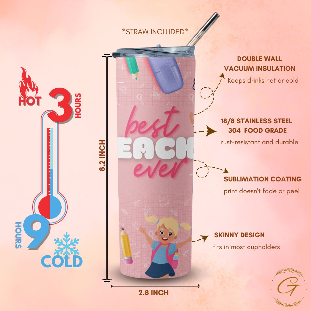 Best Teacher Ever Pink Tumbler - Slim 20 oz Cute Tumbler for Hydration