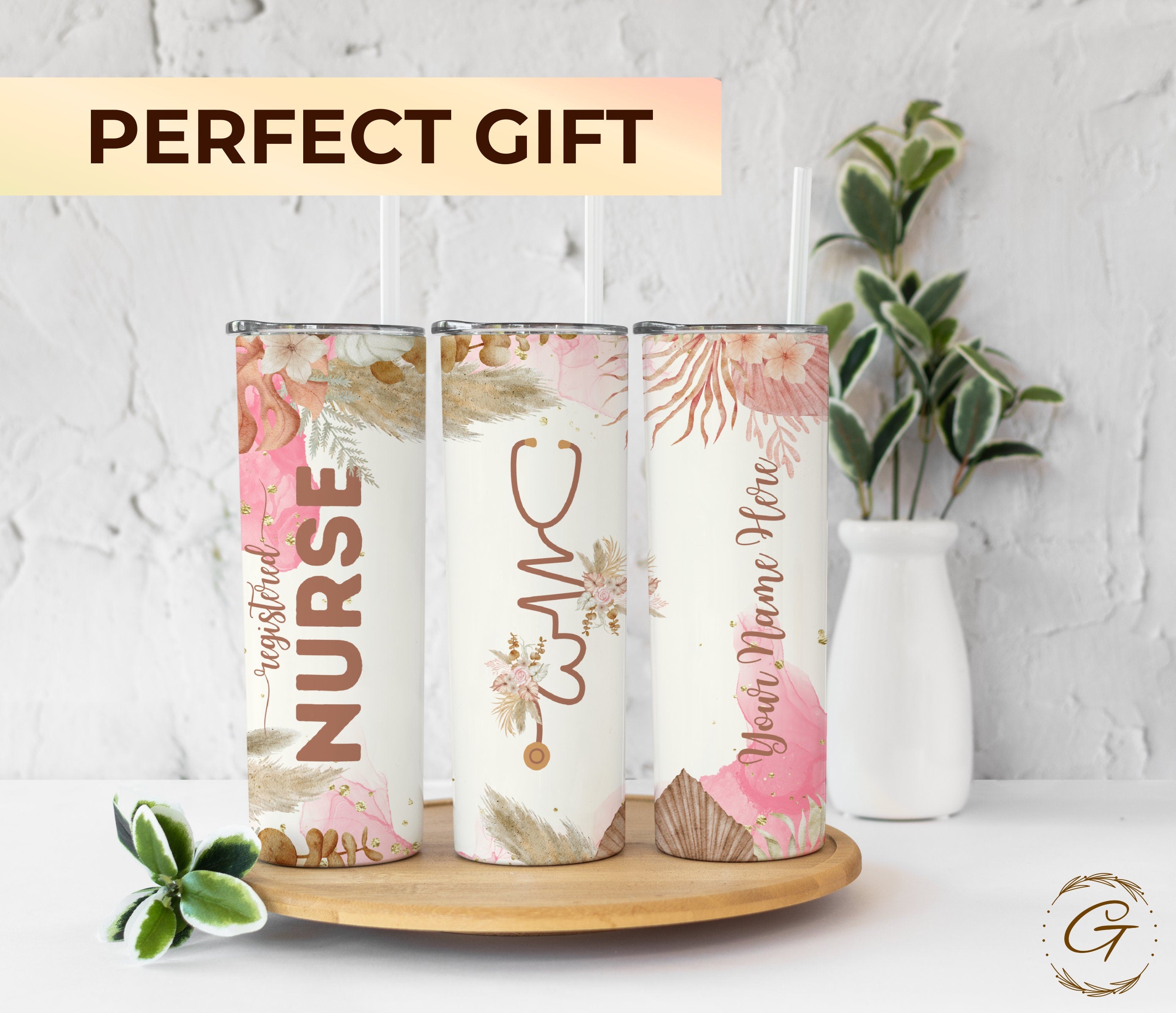 RN Boho Chic Floral Personalised Nurse 20 oz Tumbler